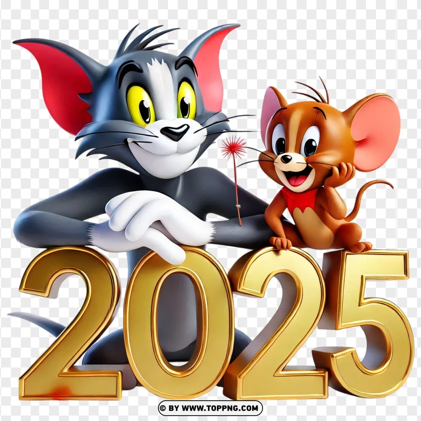 Tom And Jerry With Golden 2025 Numbers Celebration PNG Transparent Background