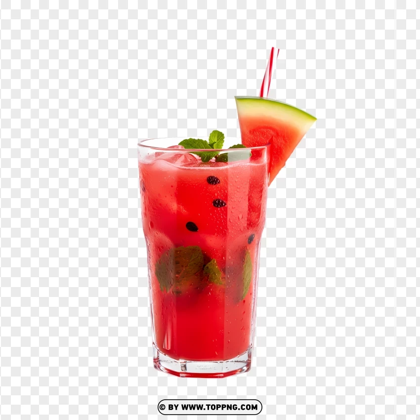 Fresh Watermelon Juice With Ice And Mint Garnish PNG Transparent Background