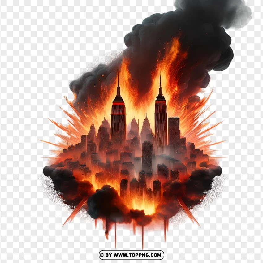 City On Fire With Dark Smoke PNG Transparent Background