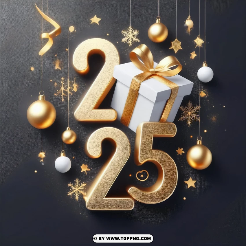 Golden Gift And Ornaments 2025 New Year Card PNG Transparent Background