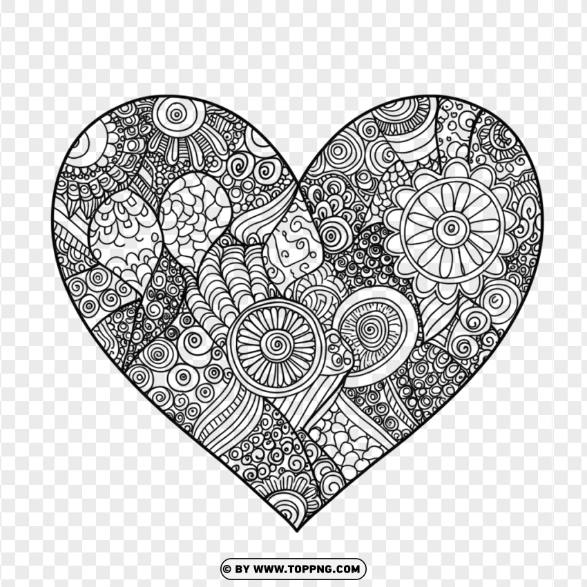 Heart Shape Coloring Page With Swirls And Flowers PNG Transparent Background