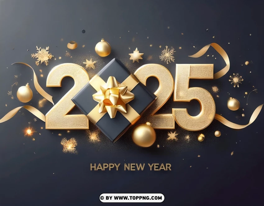 Golden Ribbon And Ornaments 2025 New Year Card PNG Transparent Background