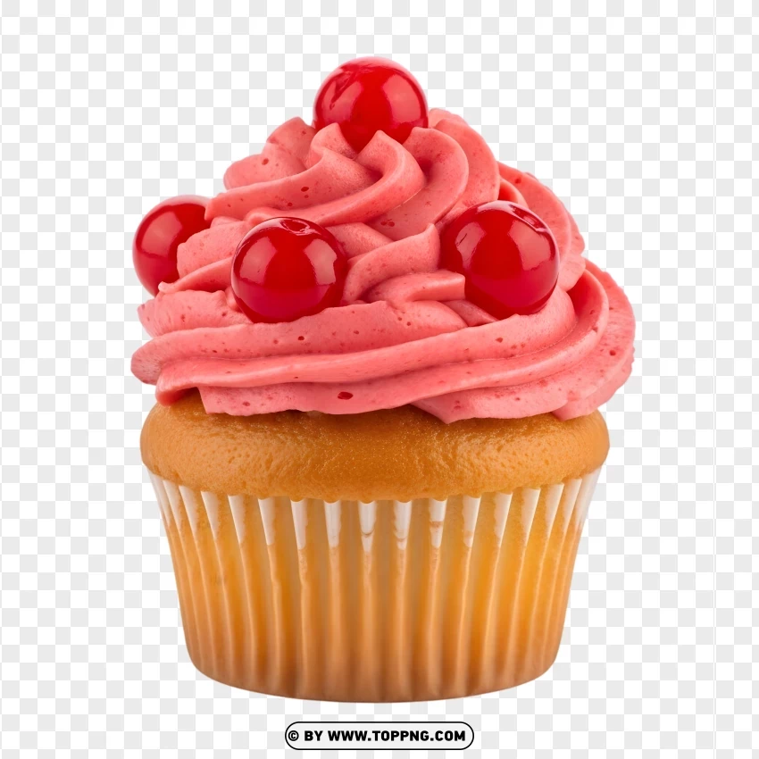 Red Cupcake With Cream And Cherries PNG Transparent Background