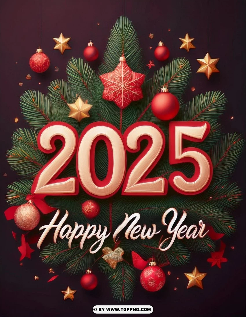 Festive Pine Branches 2025 New Year Greeting PNG Transparent Background