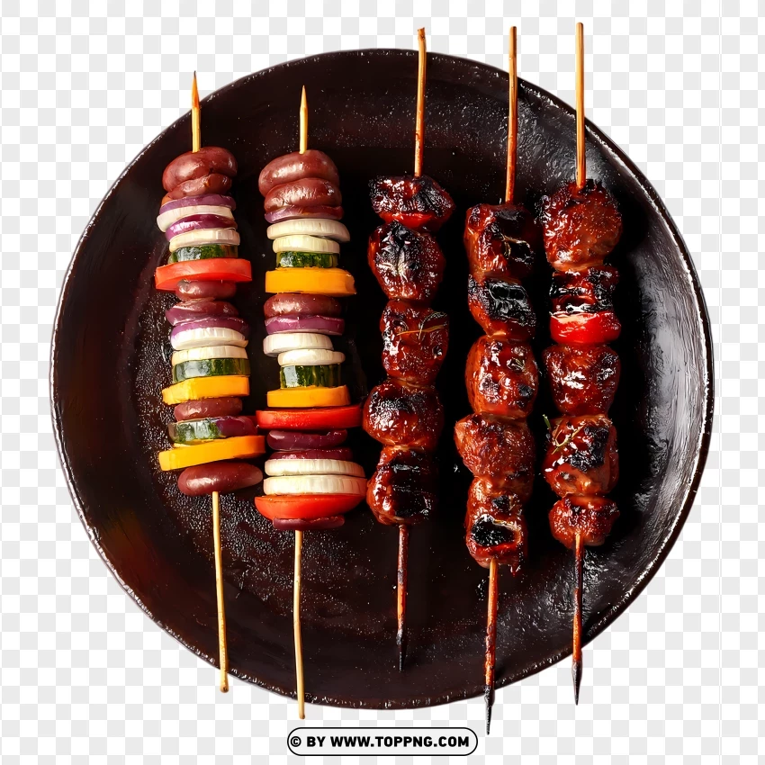 Charred Meat And Veggie Skewers Over Fire PNG Transparent Background