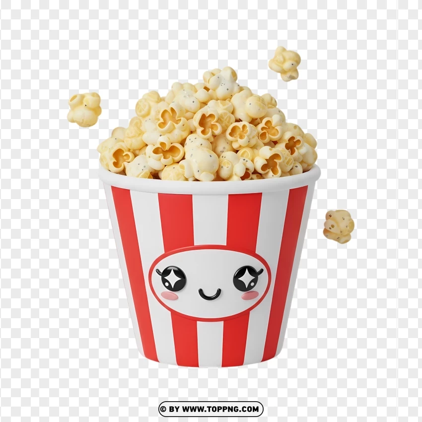 Popcorn Bucket With Kawaii Face And Flying Popcorn PNG Transparent Background