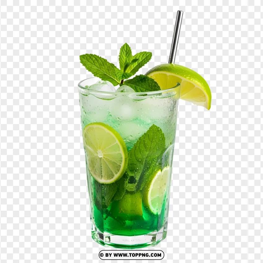 Green Mojito Cocktail With Lime And Mint Garnish PNG Transparent Background