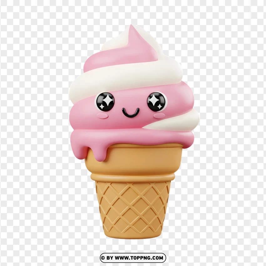 Cute Cartoon Ice Cream Cone With Pink And White Swirl PNG Transparent Background