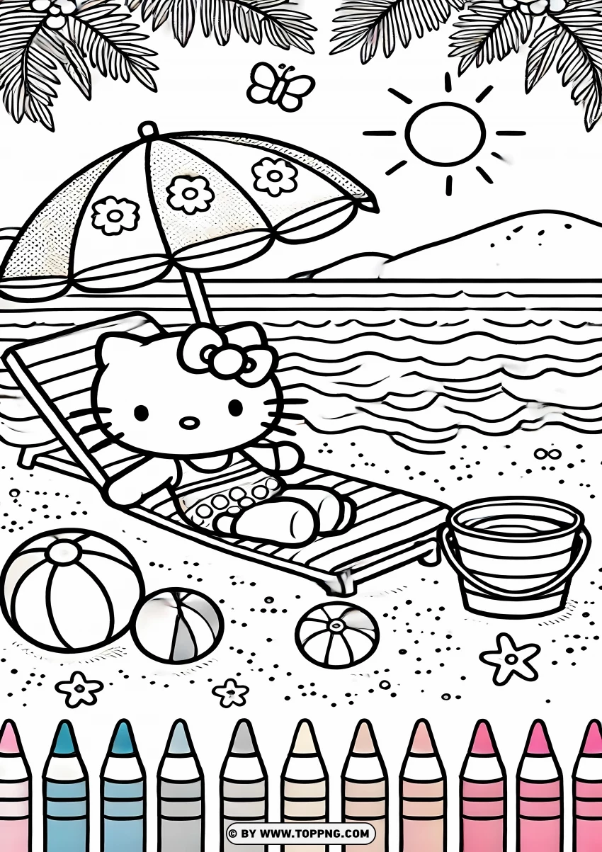 Hello Kitty Sunbathing Coloring Page PNG Transparent Background