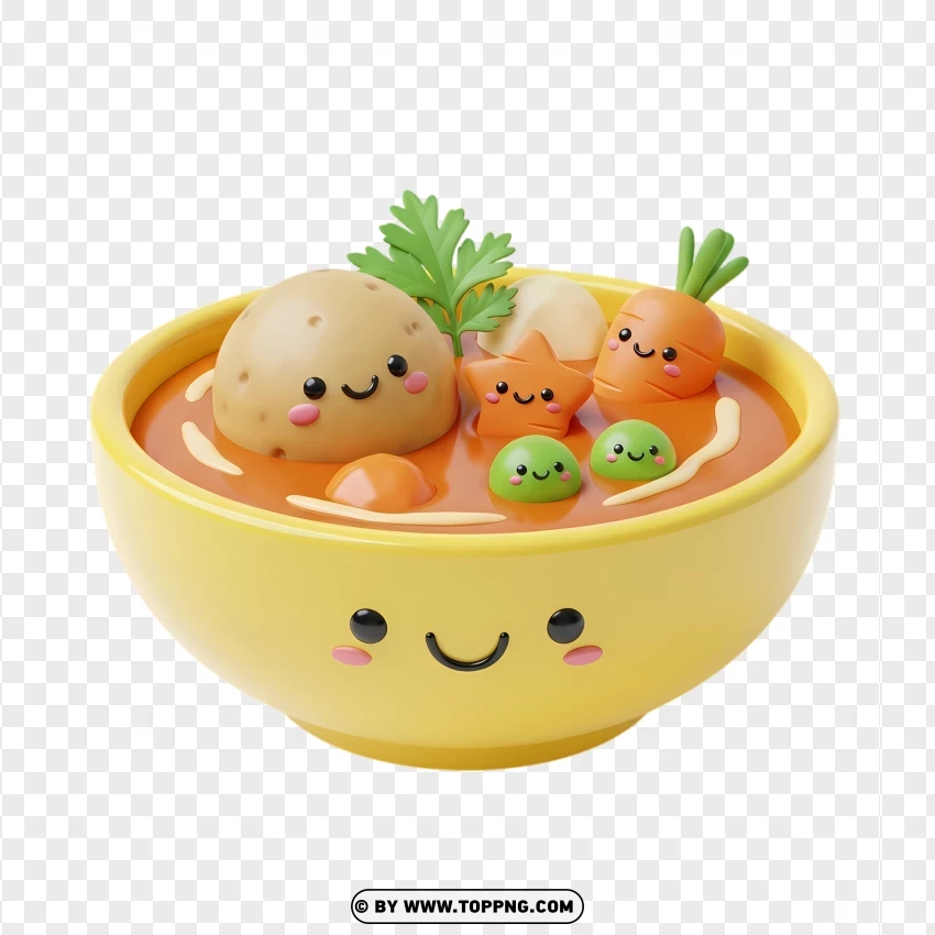Adorable Kawaii Miso Soup Bowl With Vegetable Characters PNG Transparent Background