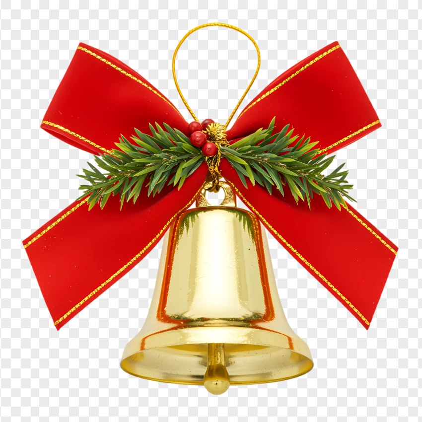 Christmas Golden Bell With Red Ribbon Bow PNG Transparent Background