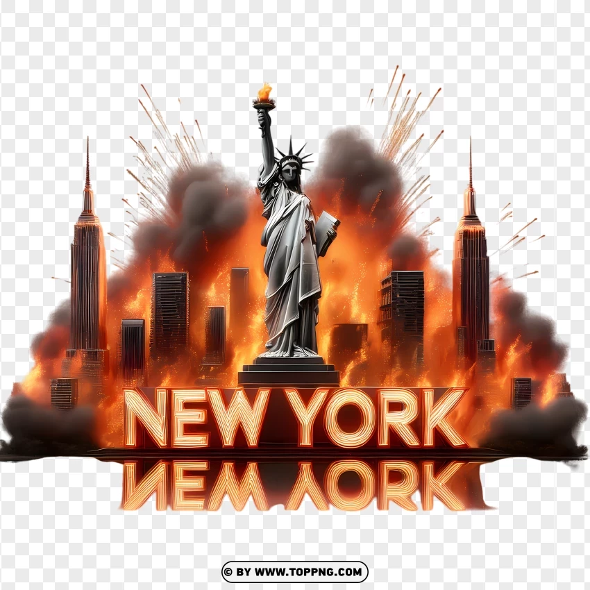 New York Skyline On Fire With Statue Of Liberty PNG Transparent Background