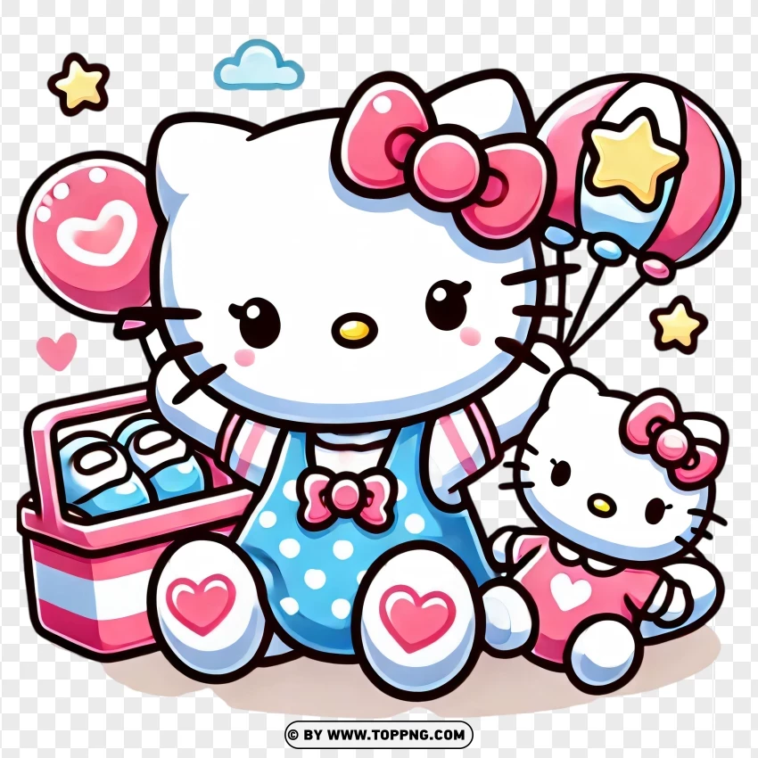 Hello Kitty Holding Balloons And Gifts In Pink Dress PNG Transparent Background