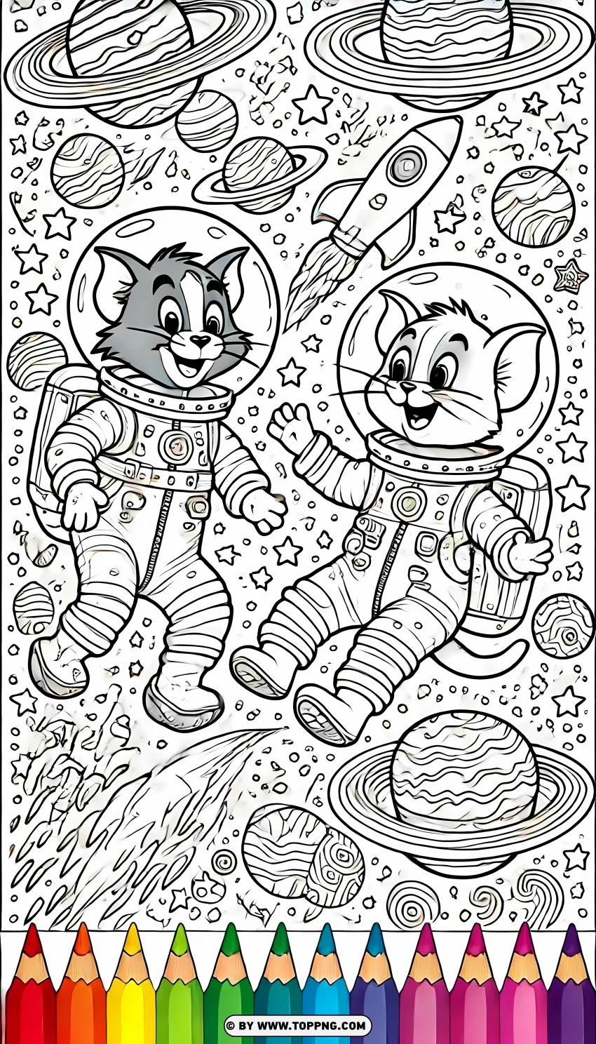 Tom And Jerry Space Adventure Coloring Page PNG Transparent Background