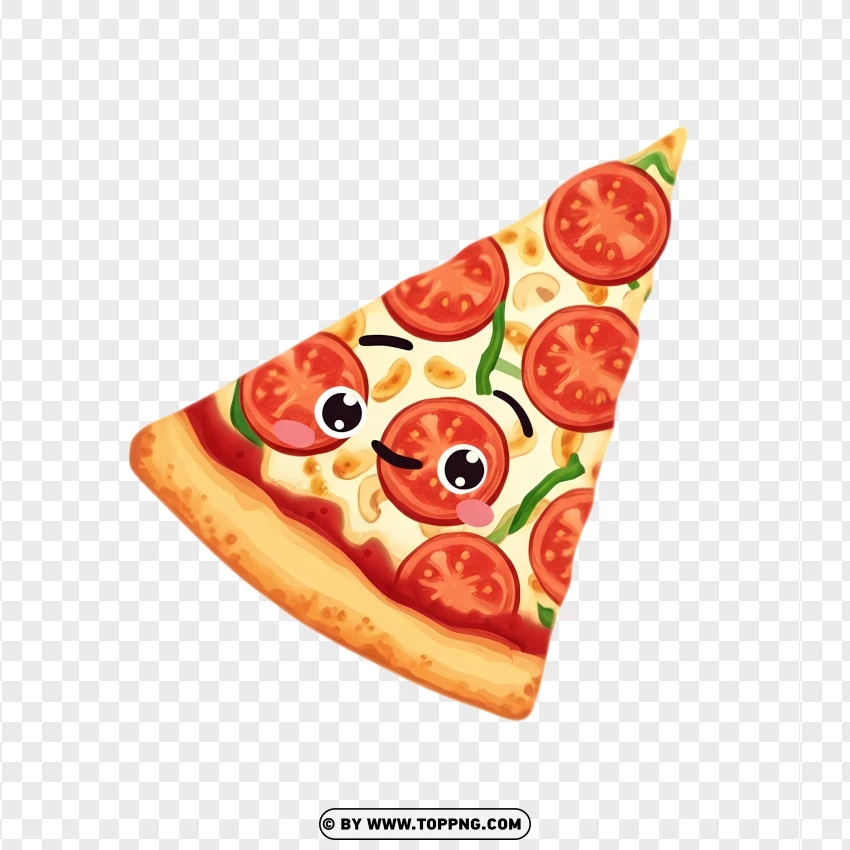 Funny Kawaii Pizza Slice With Tomatoes And Cheese PNG Transparent Background