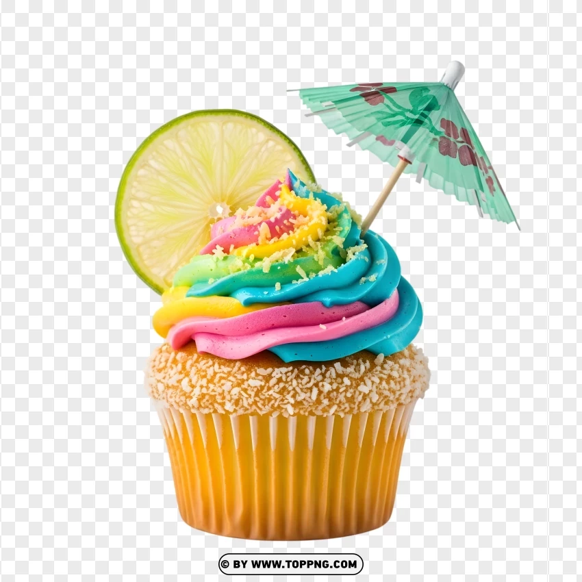 Rainbow Frosted Cupcake With Lime And Umbrella PNG Transparent Background