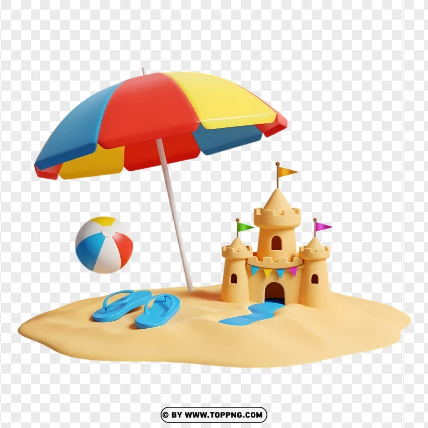 Beach Scene With Umbrella And Sandcastle PNG Transparent Background