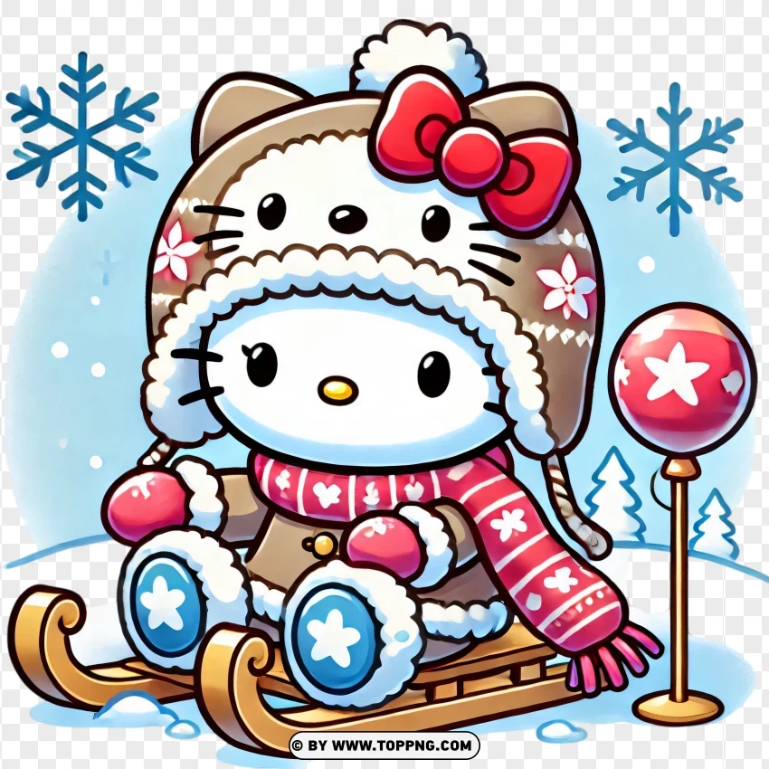 Hello Kitty Sledding In Snow PNG Transparent Background