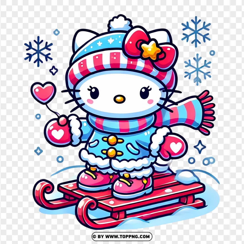 Hello Kitty On A Sleigh In Winter PNG Transparent Background