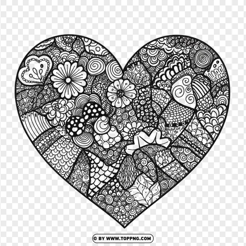 Floral Heart Shape Coloring Page With Detailed Designs PNG Transparent Background