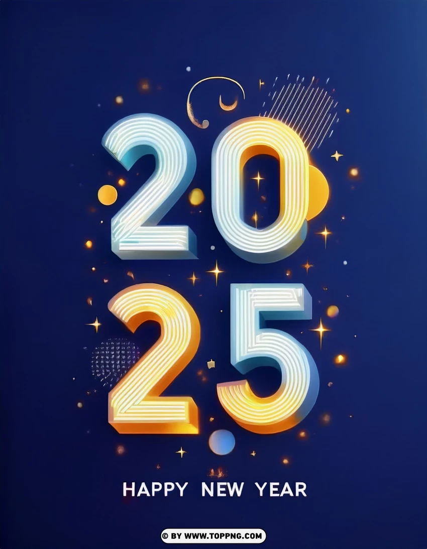 Elegant Blue And Gold 2025 New Year Greeting PNG Transparent Background