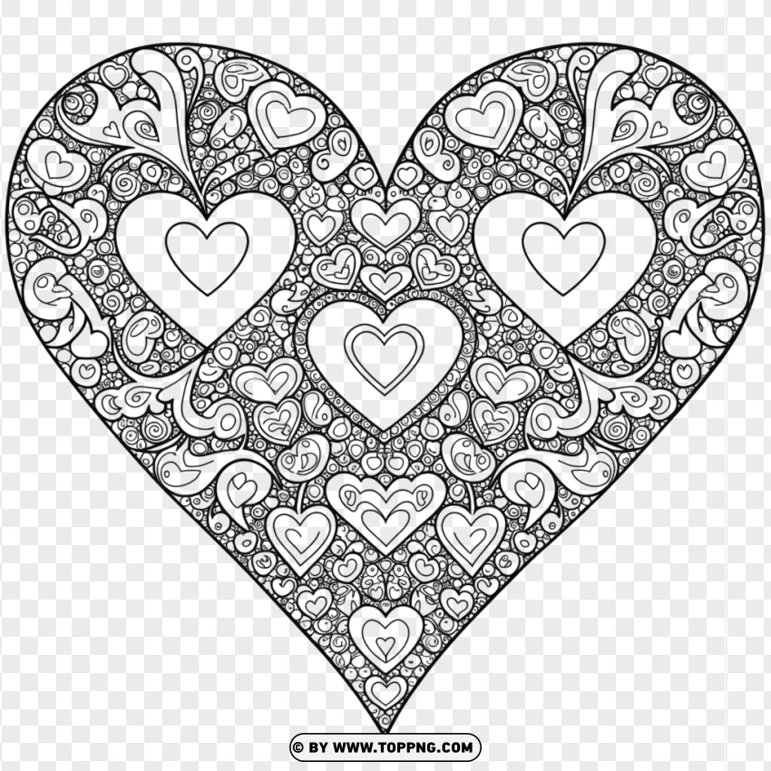 Decorative Heart Coloring Page With Love Symbols PNG Transparent Background