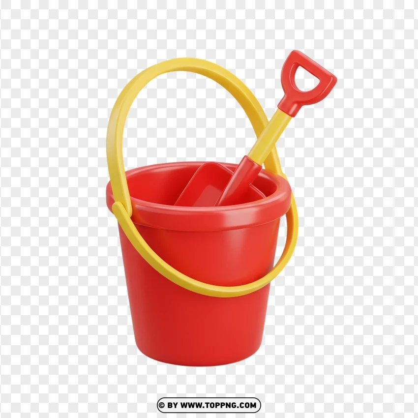 Red Beach Bucket With Yellow Handle And Shovel PNG Transparent Background
