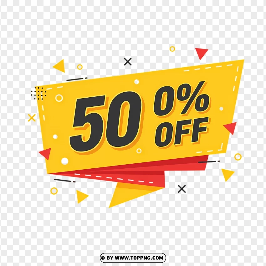 50% Off Sale Label With Bright Yellow Banner PNG Transparent Background