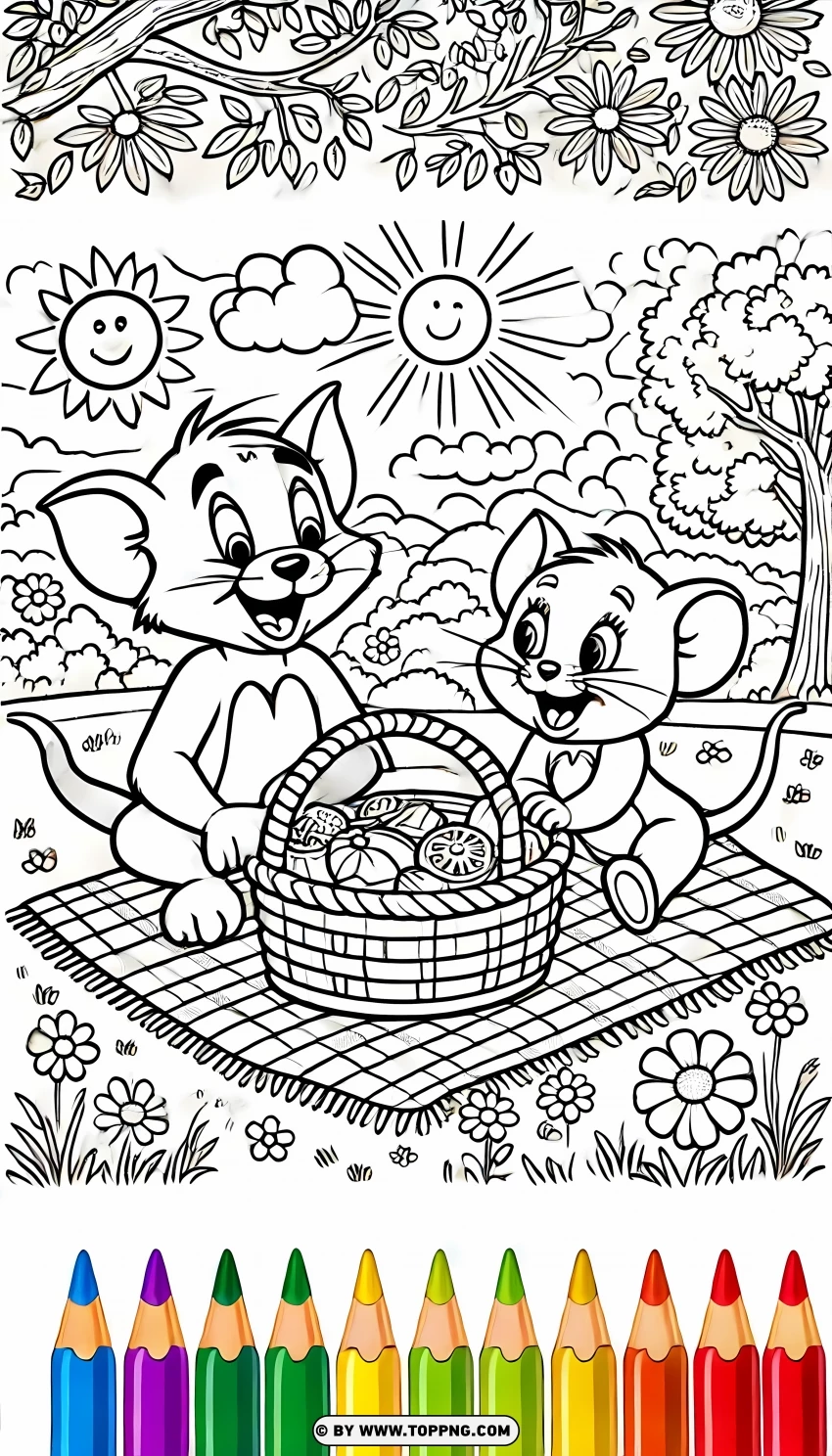 Tom And Jerry Picnic Scene Coloring Page PNG Transparent Background