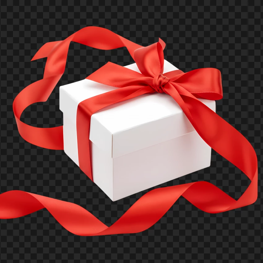 Red Ribbon With Flowing Bow On A White Gift Box PNG Transparent Background