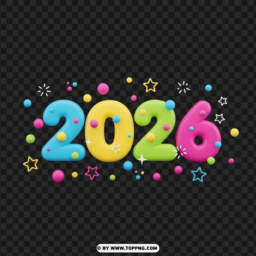 Cute Colorful 2026 Typography With Stars And Confetti PNG Transparent Background