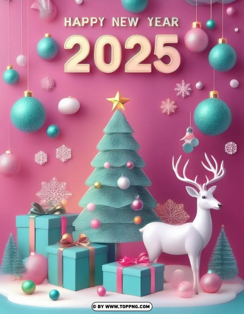 Festive Christmas Tree And Deer 2025 Greeting Card PNG Transparent Background