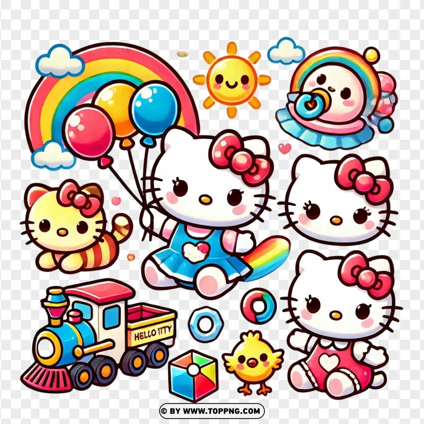 Hello Kitty With Rainbow And Toys PNG Transparent Background