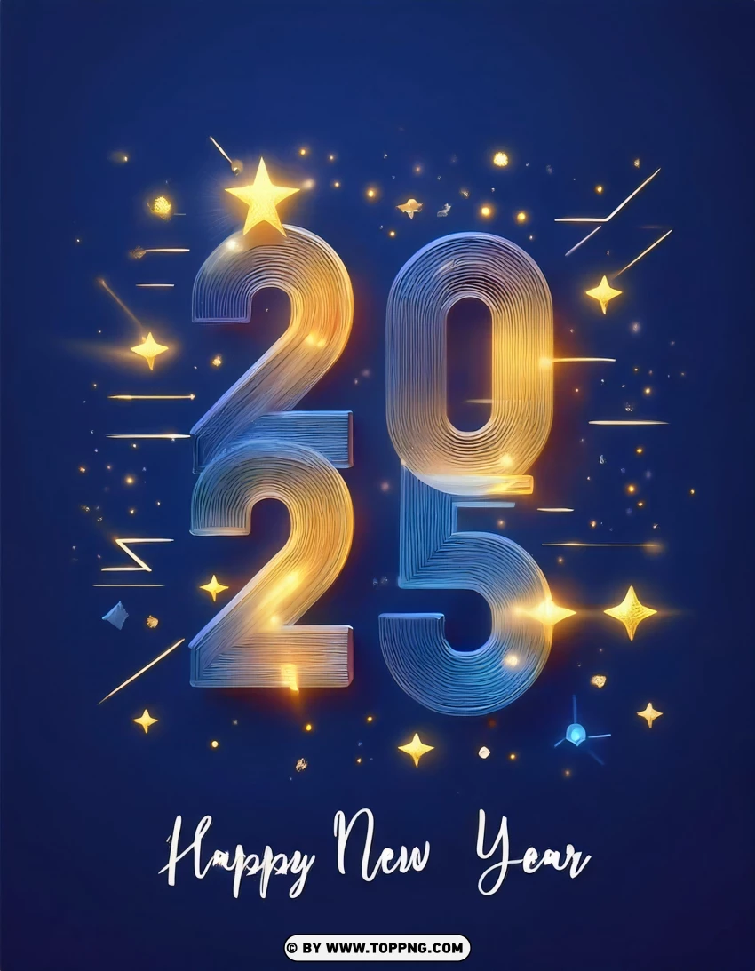 Shiny Blue And Gold 2025 Happy New Year Card PNG Transparent Background