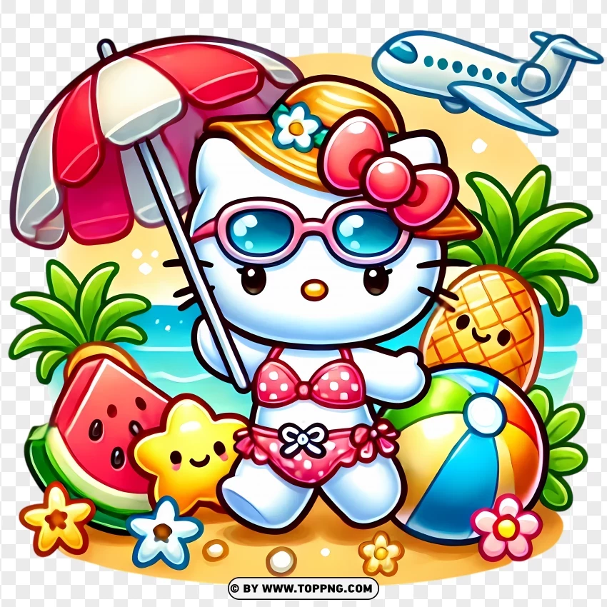 Hello Kitty Summer Beach Illustration PNG Transparent Background