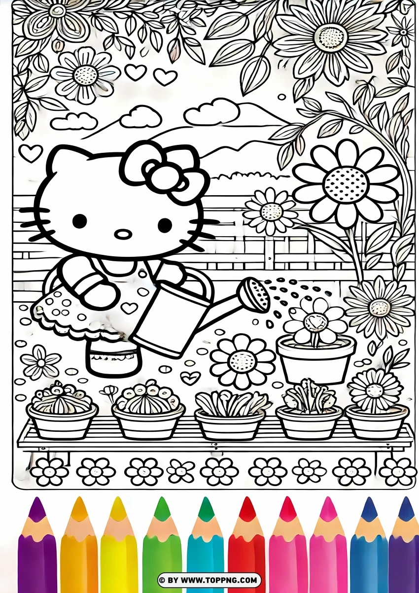 Hello Kitty Coloring Page In A Garden PNG Transparent Background