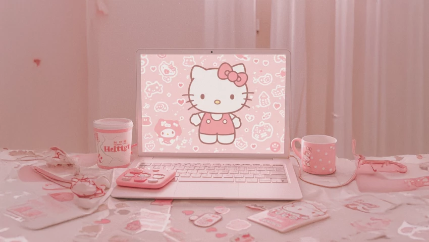 Hello Kitty Wallpaper Laptop Setup In Pink Theme PNG Transparent Background