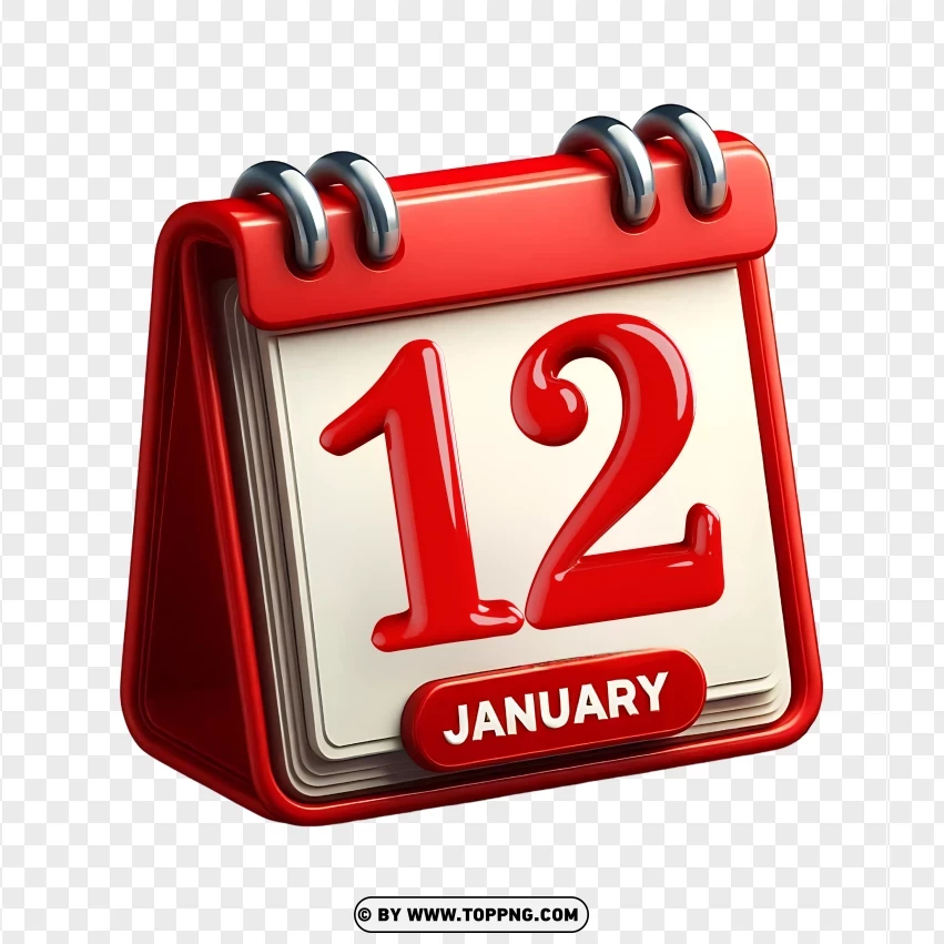 12th January Date Calendar 3d Icon PNG Transparent Background