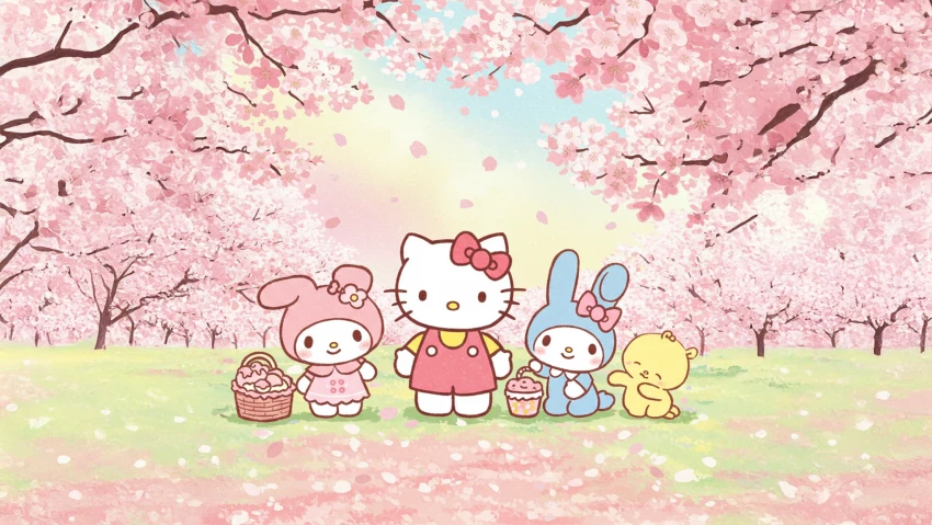 Hello Kitty And Friends Spring Wallpaper With Sakura PNG Transparent Background