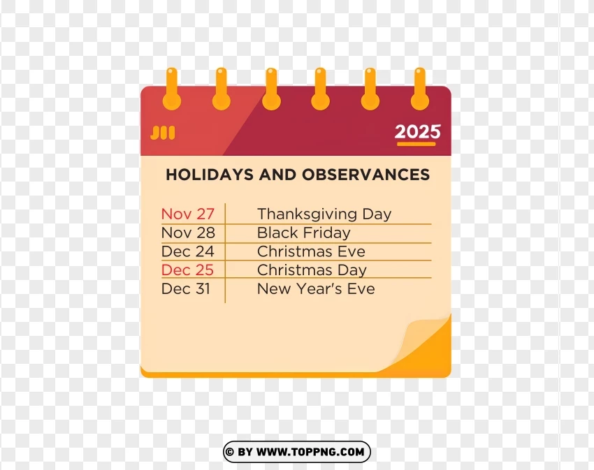 2025 Holidays And Observances List PNG Transparent Background