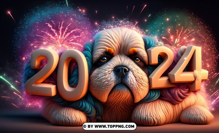 New Year 2024, Rococo Dog, Trendy Aesthetics, Vibrant Colors, Greeting Card, Festive Canine, Joyful Tones
