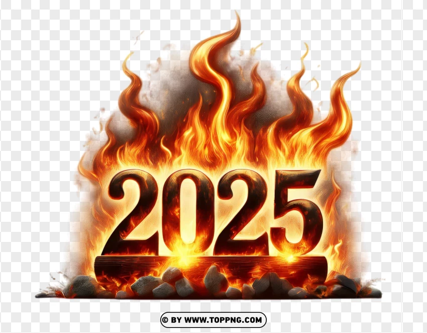 2025 Fire Flames Text Effect With Rocks PNG Transparent Background