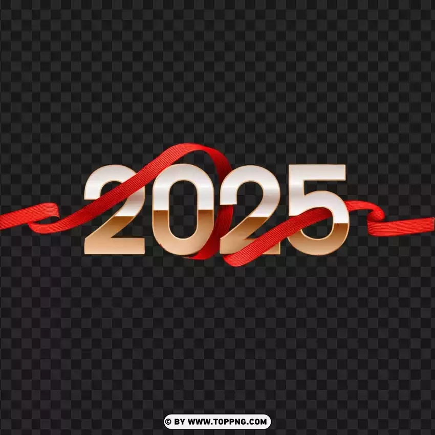 2025 Gold Numbers With Golden Red Ribbon PNG Transparent Background