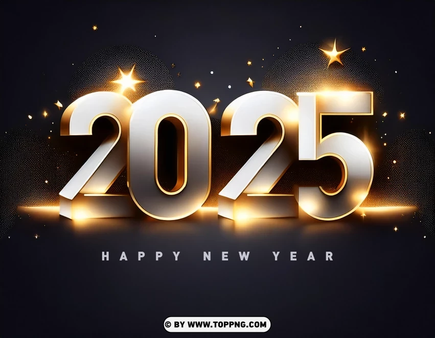 2025 Happy New Year Design With Bold Gold And White 3d Numbers PNG Transparent Background