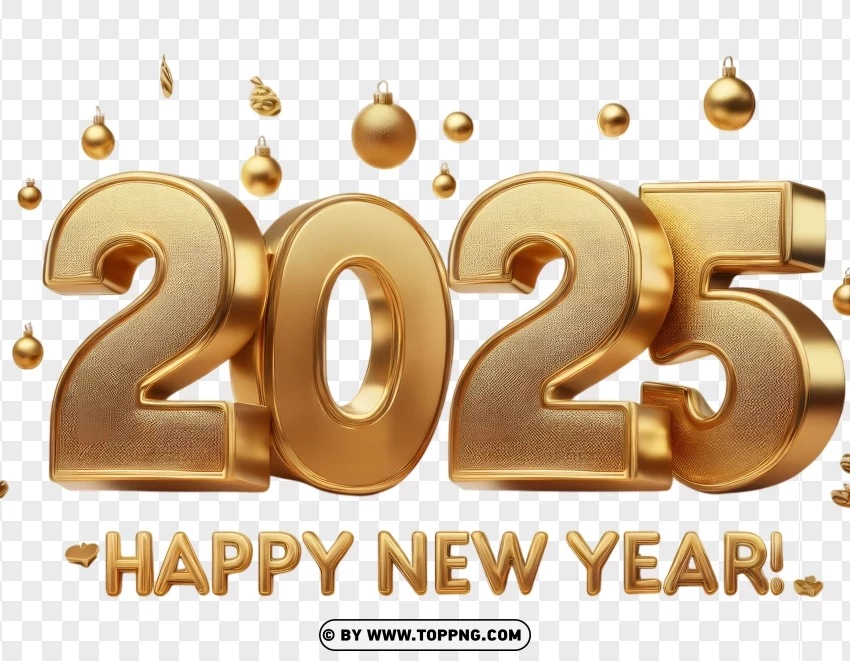 2025 Happy New Year Gold 3d Text With Decorations PNG Transparent Background