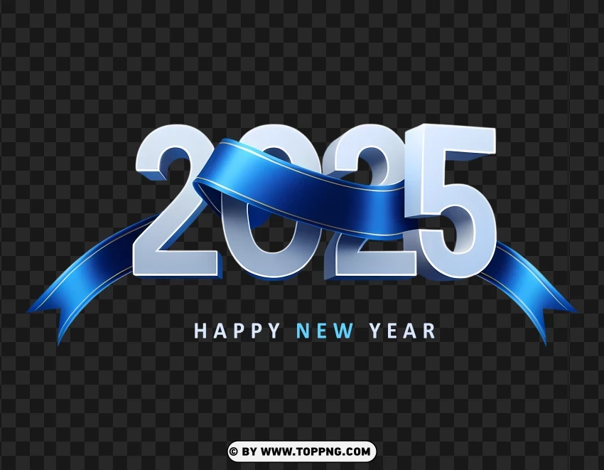 2025 White Happy New Year With Blue Ribbon PNG Transparent Background