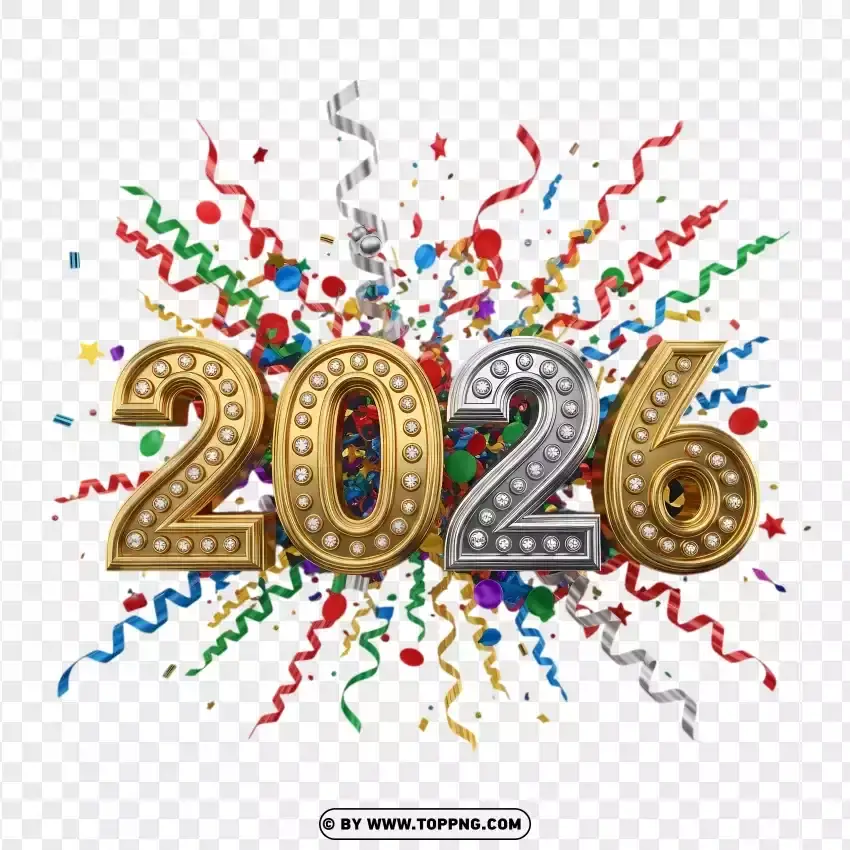 3d Gold 2026 Typography With Party Confetti And Streamers PNG Transparent Background