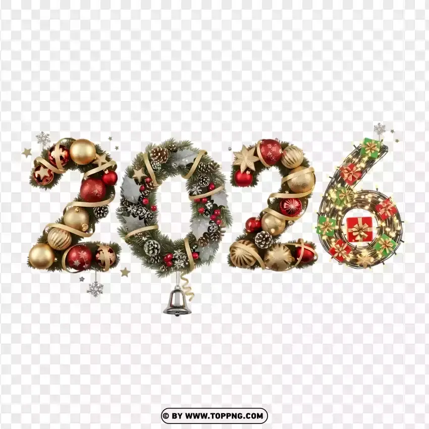 2026 New Year typography combined with Christmas decorations