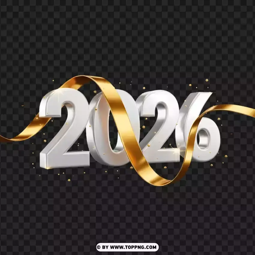 2026 New Year White 3d Digits With Shiny Gold Stream PNG Transparent Background