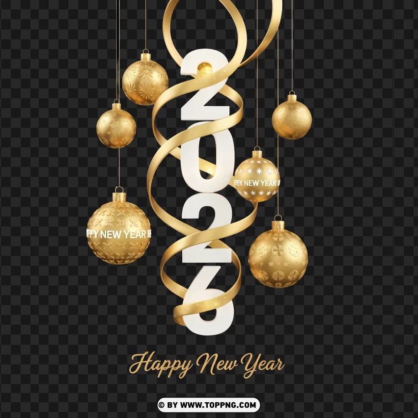 2026 New Year With Hanging Gold Ornaments PNG Transparent Background